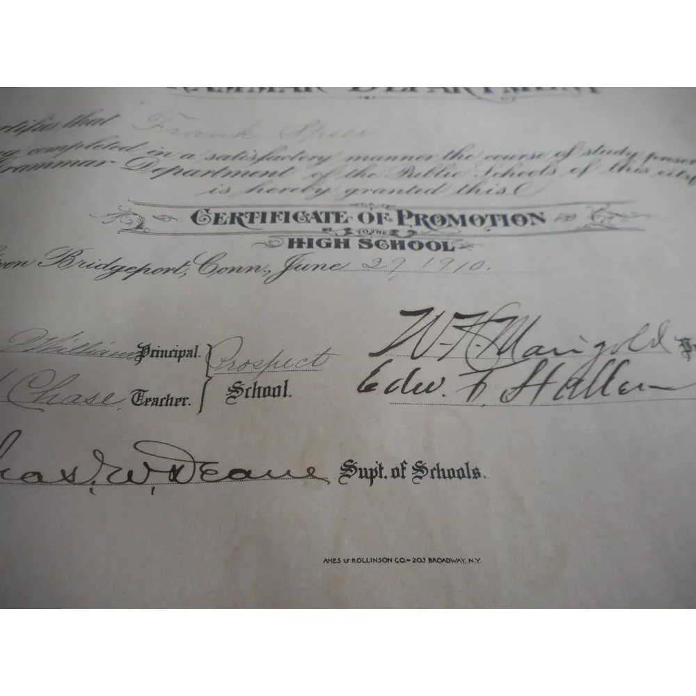 Grammar Department Certificate Graduation Speer Unframed 1910 Bridgeport CT